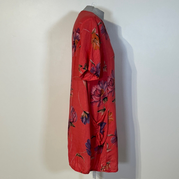 Bella Amore Linen Dress Women’s Medium Orange Red Purple Pockets Floral V-Neck - Picture 6 of 13